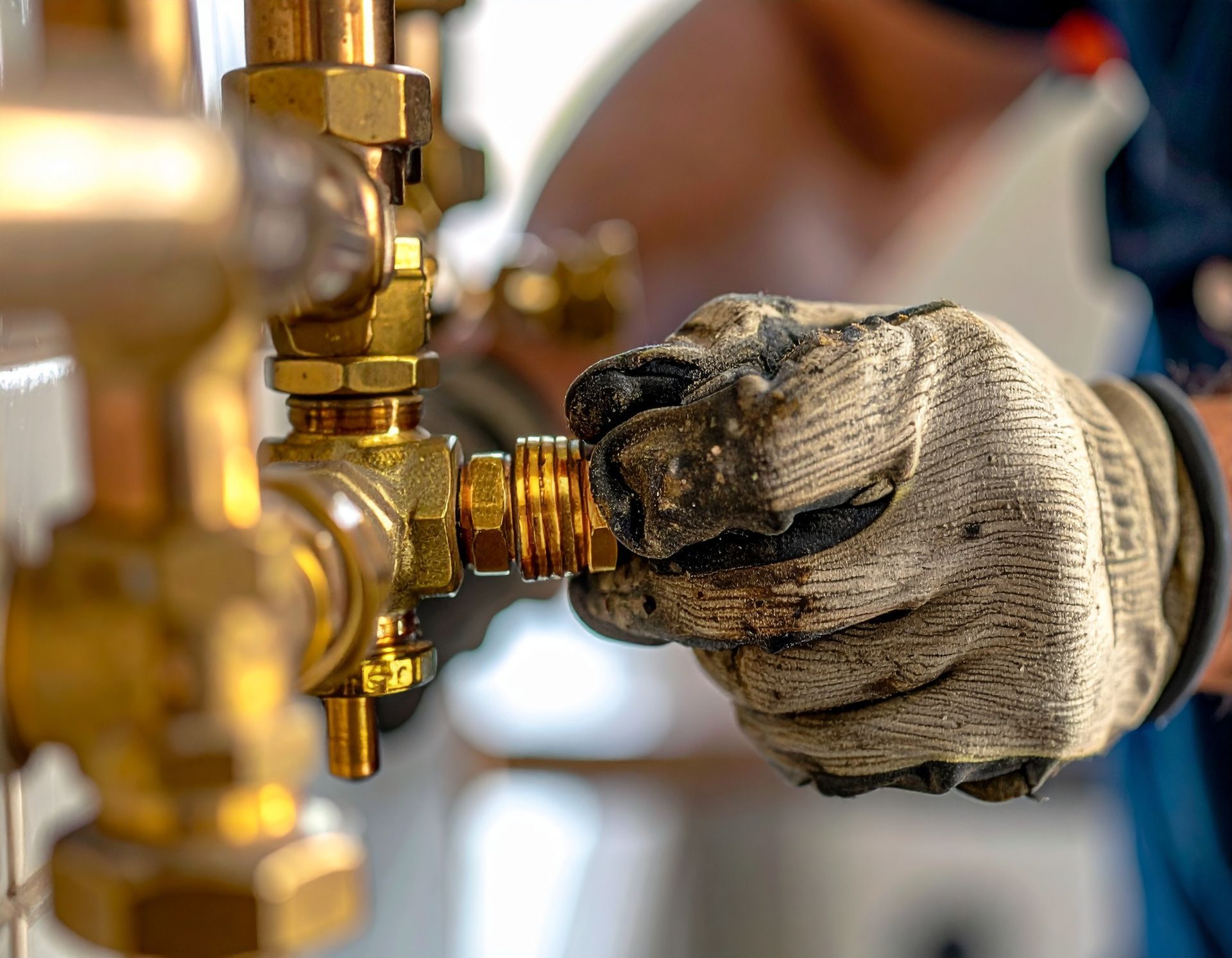 Gloved hand tightening a brass pipe valve on plumbing equipment