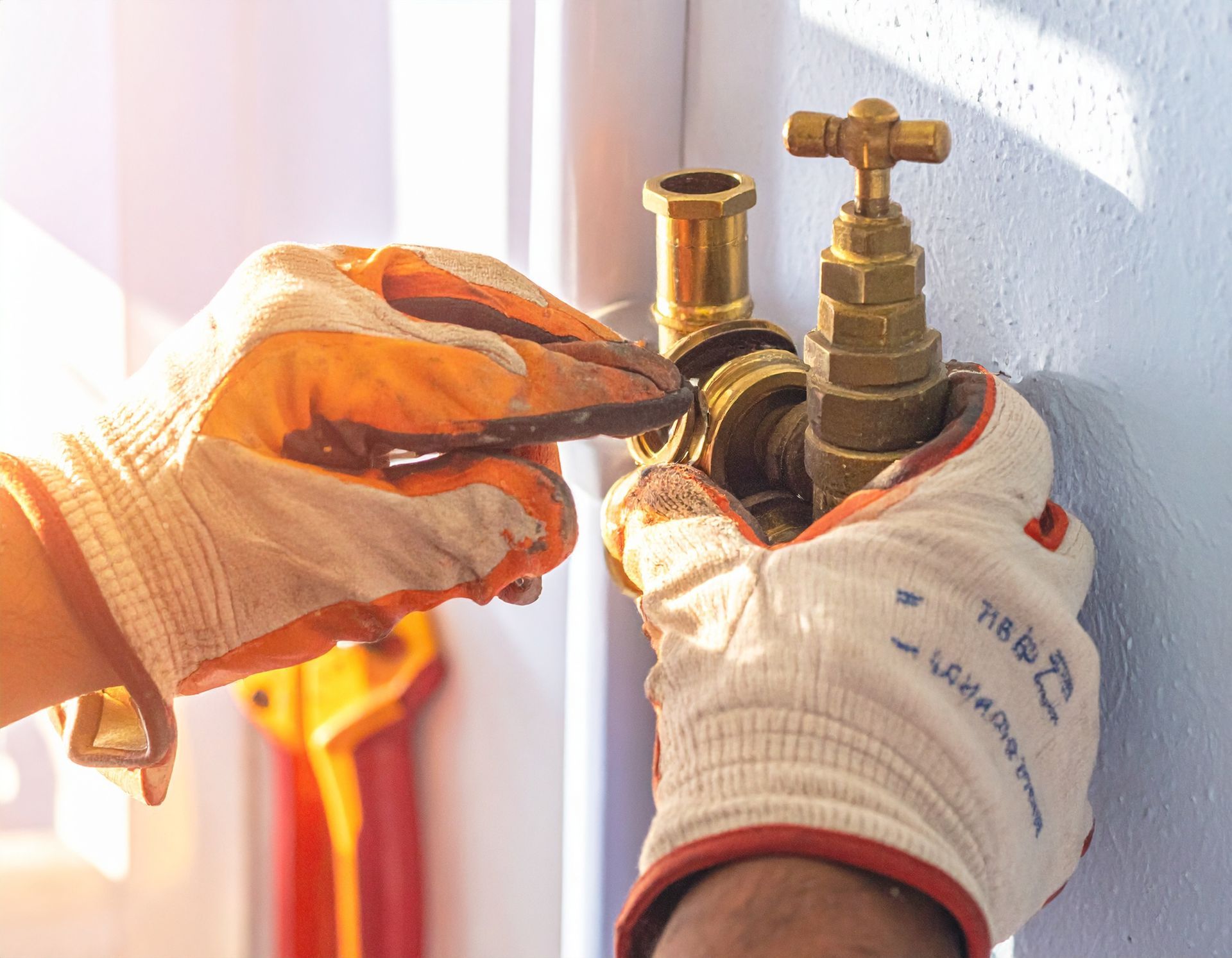 Gloved hands using a wrench to adjust a brass valve on a wall pipe