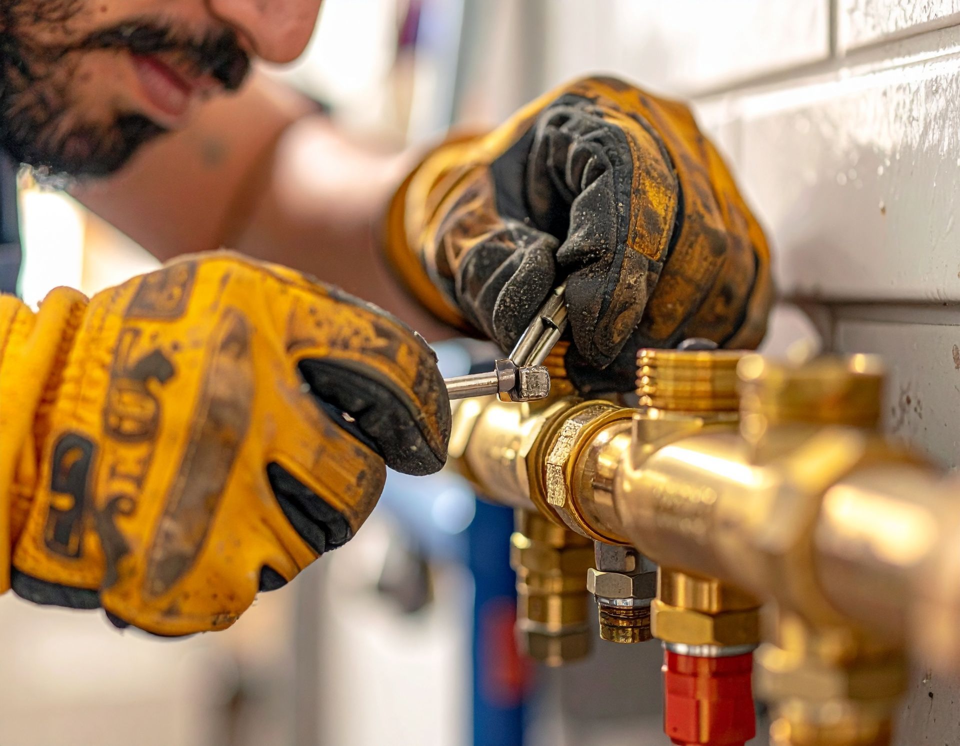 Gloved hands tightening a brass pipe fitting on a wall-mounted plumbing system
