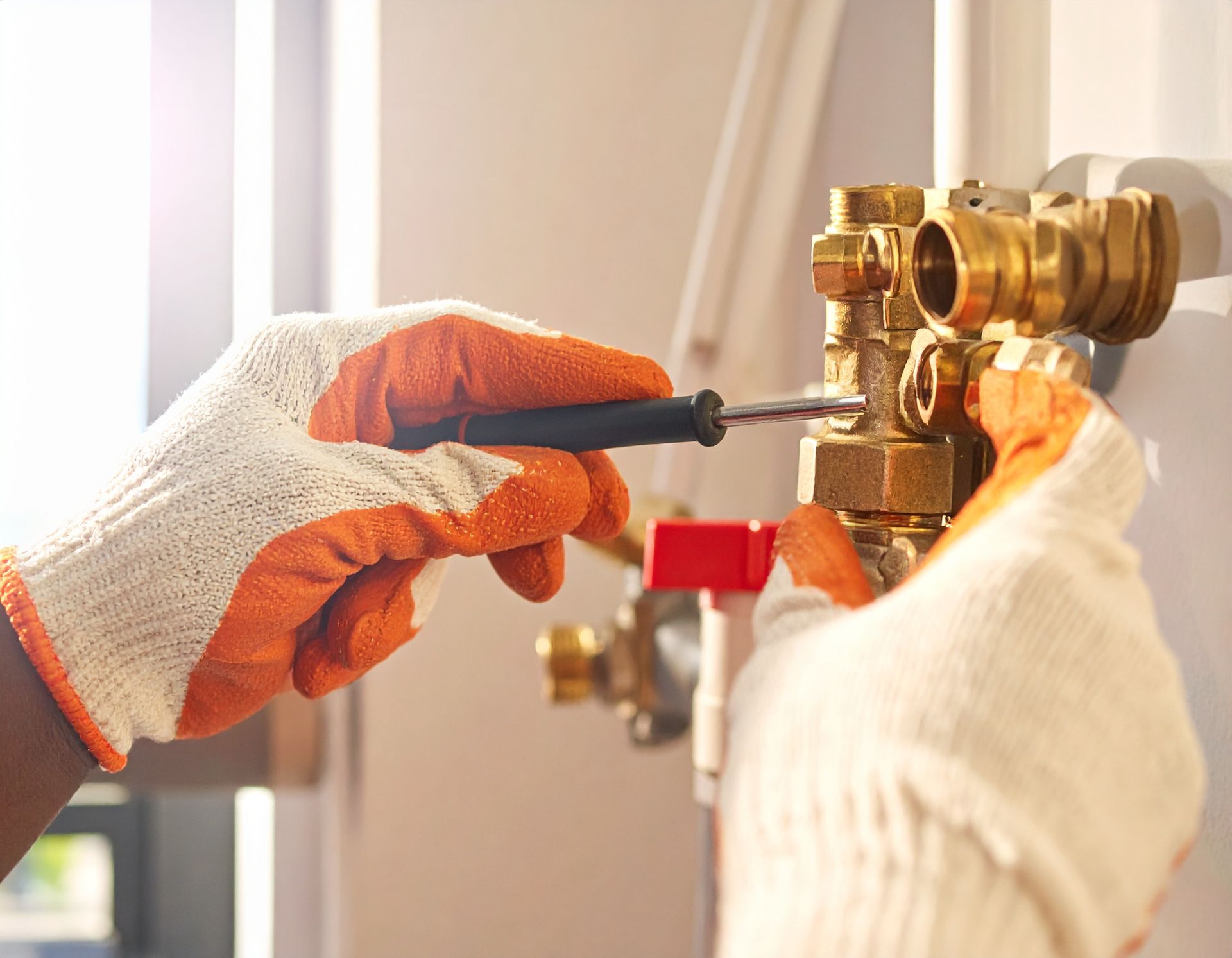 Gloved hands using a screwdriver to adjust a brass plumbing valve
