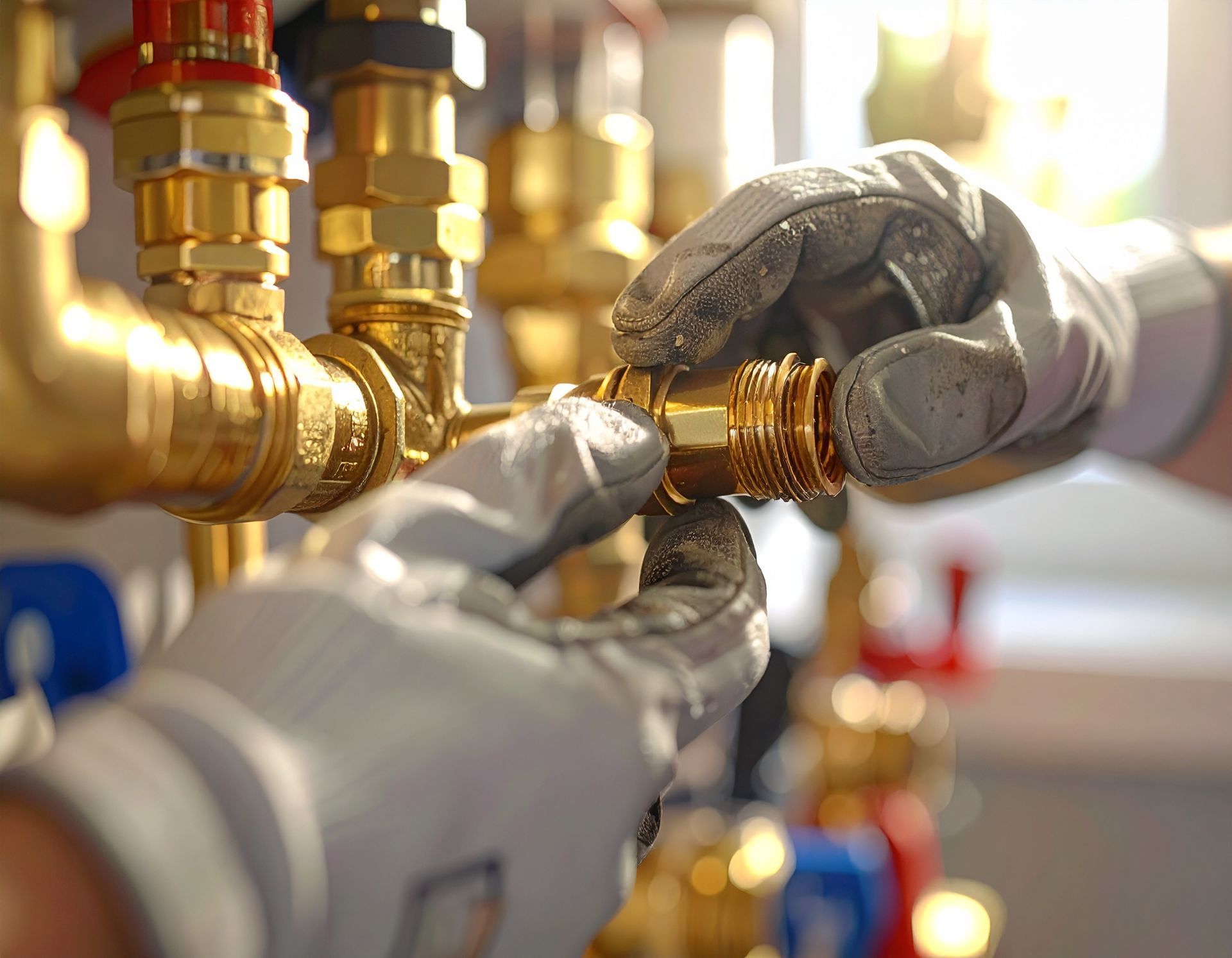 Gloved hands tightening a brass pipe fitting on a plumbing manifold