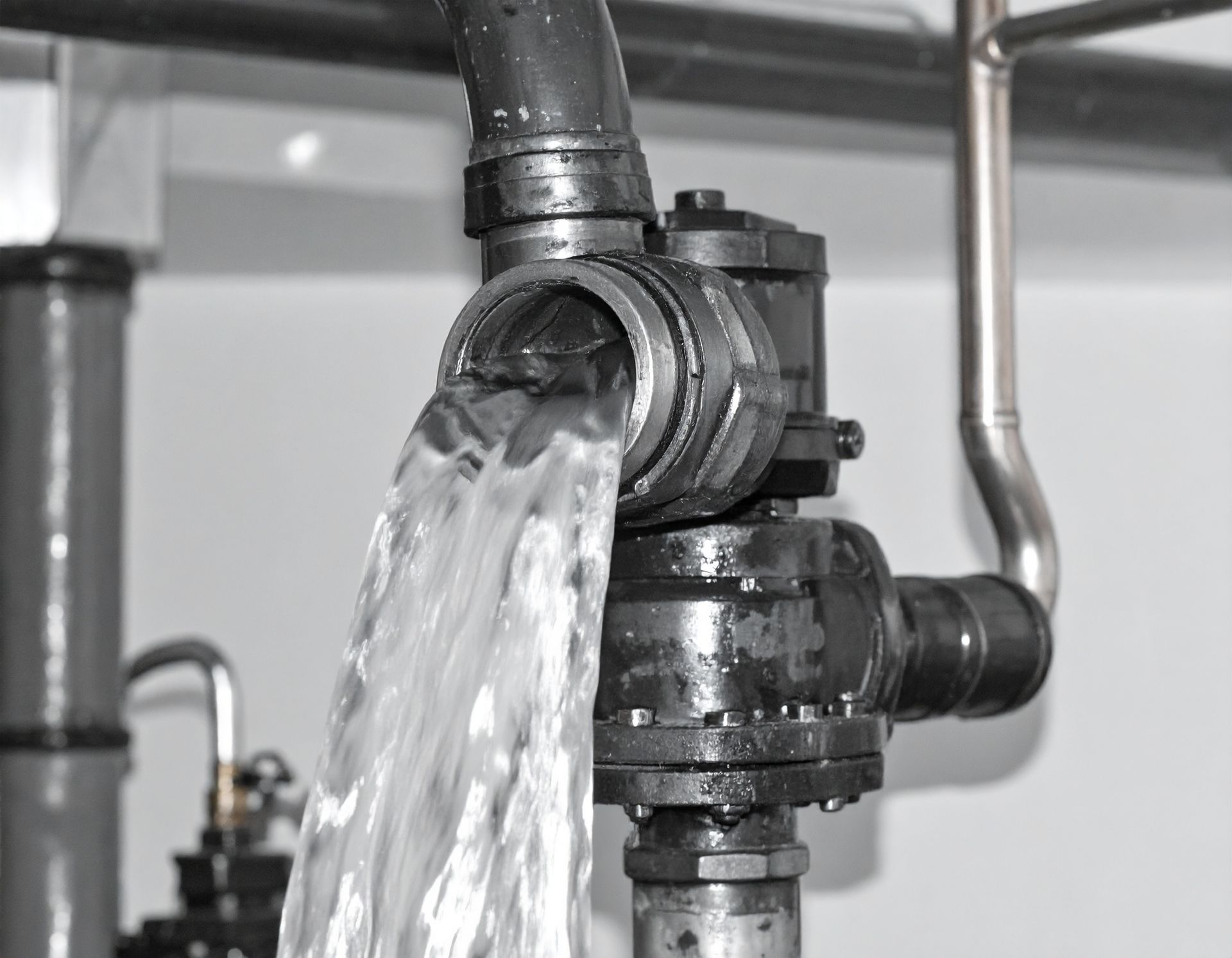 Water gushing from a broken pipe valve in a gray industrial room