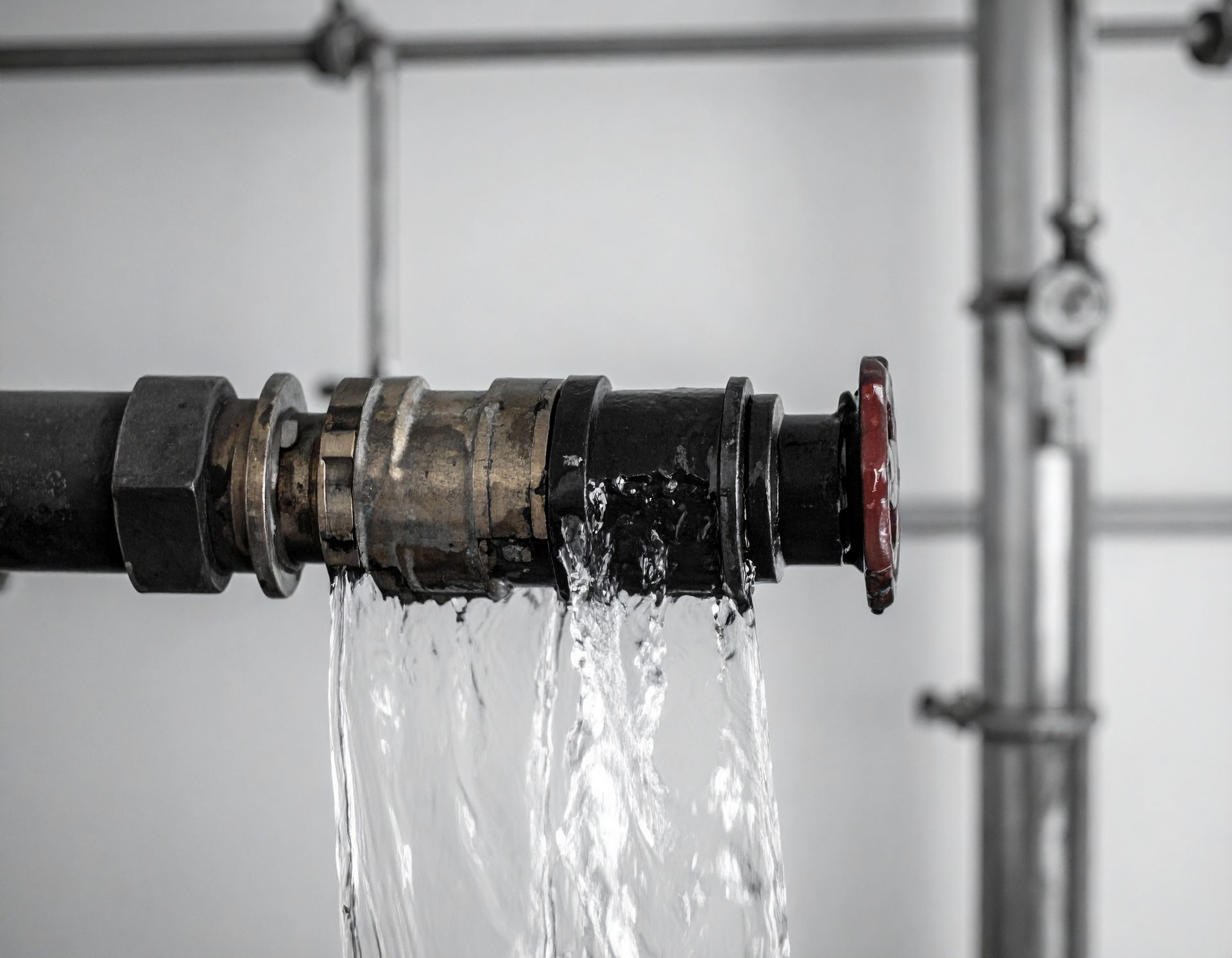Leaking black pipe joint spraying water in an industrial setting