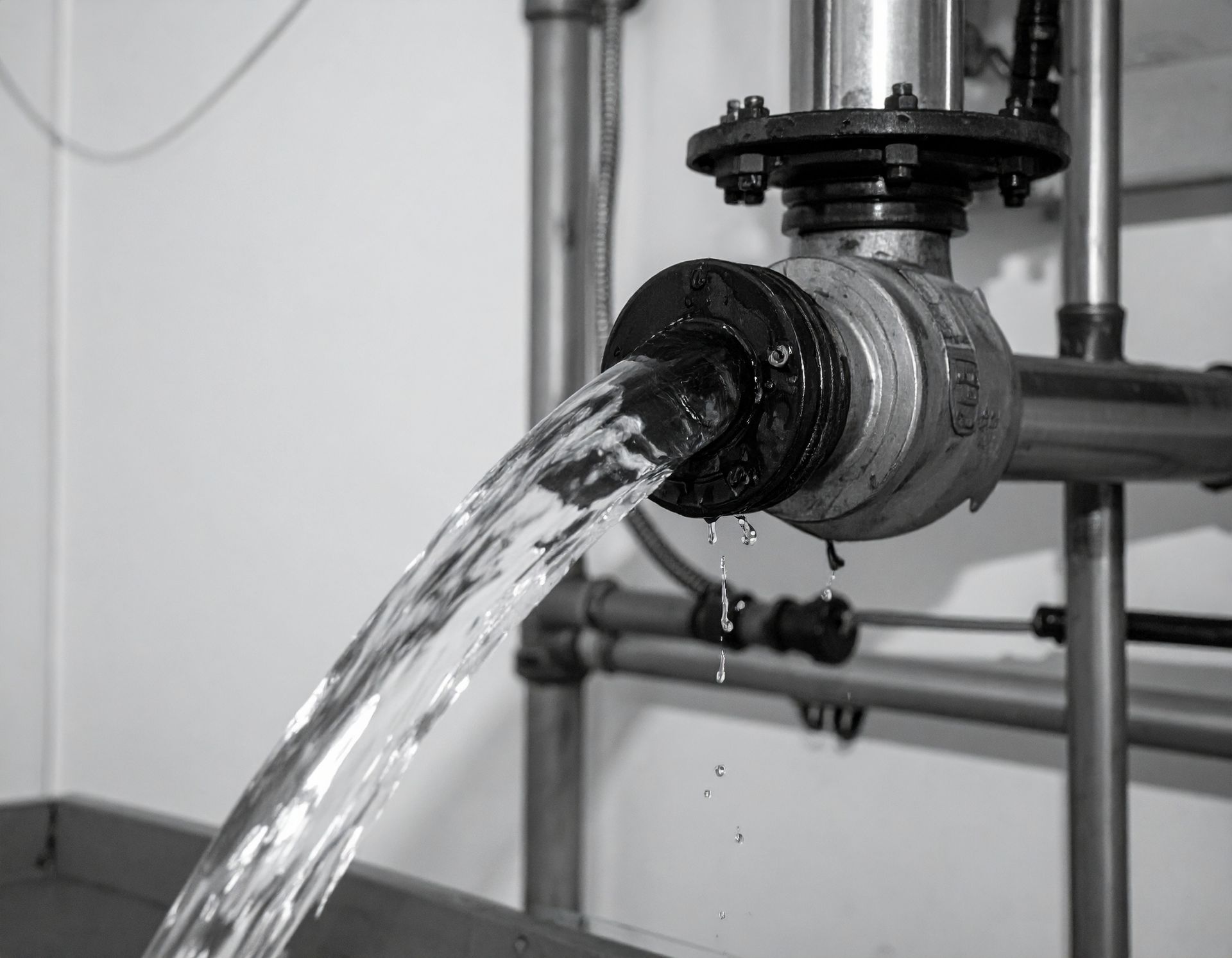 Water pouring from a metal pipe into a basin in an industrial setting