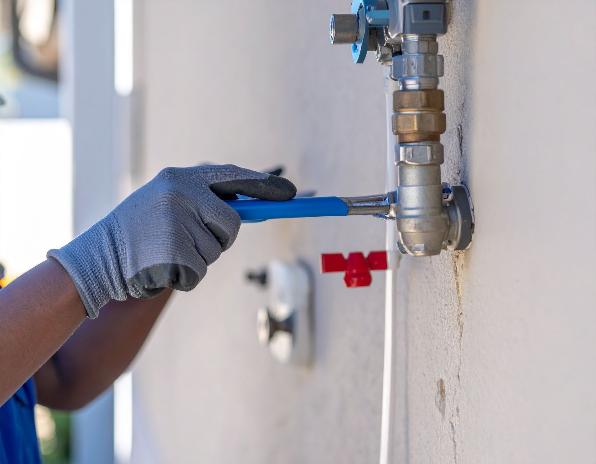 Gloved hand using a wrench to tighten a metal pipe valve with water leaking down the wall