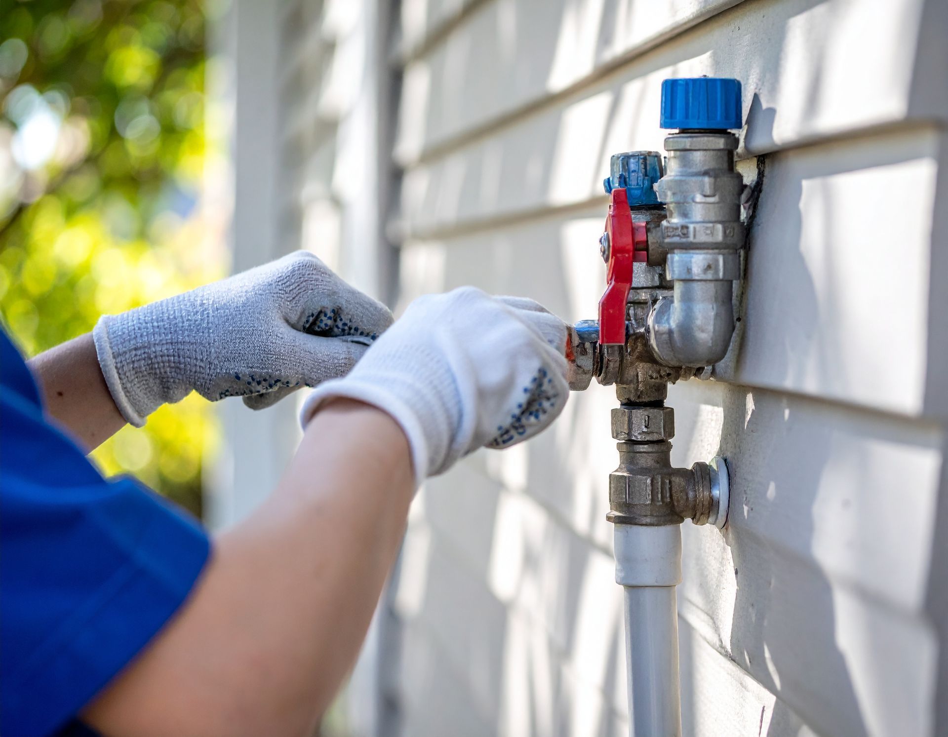 Gloved worker adjusting outdoor water valves on a house wall