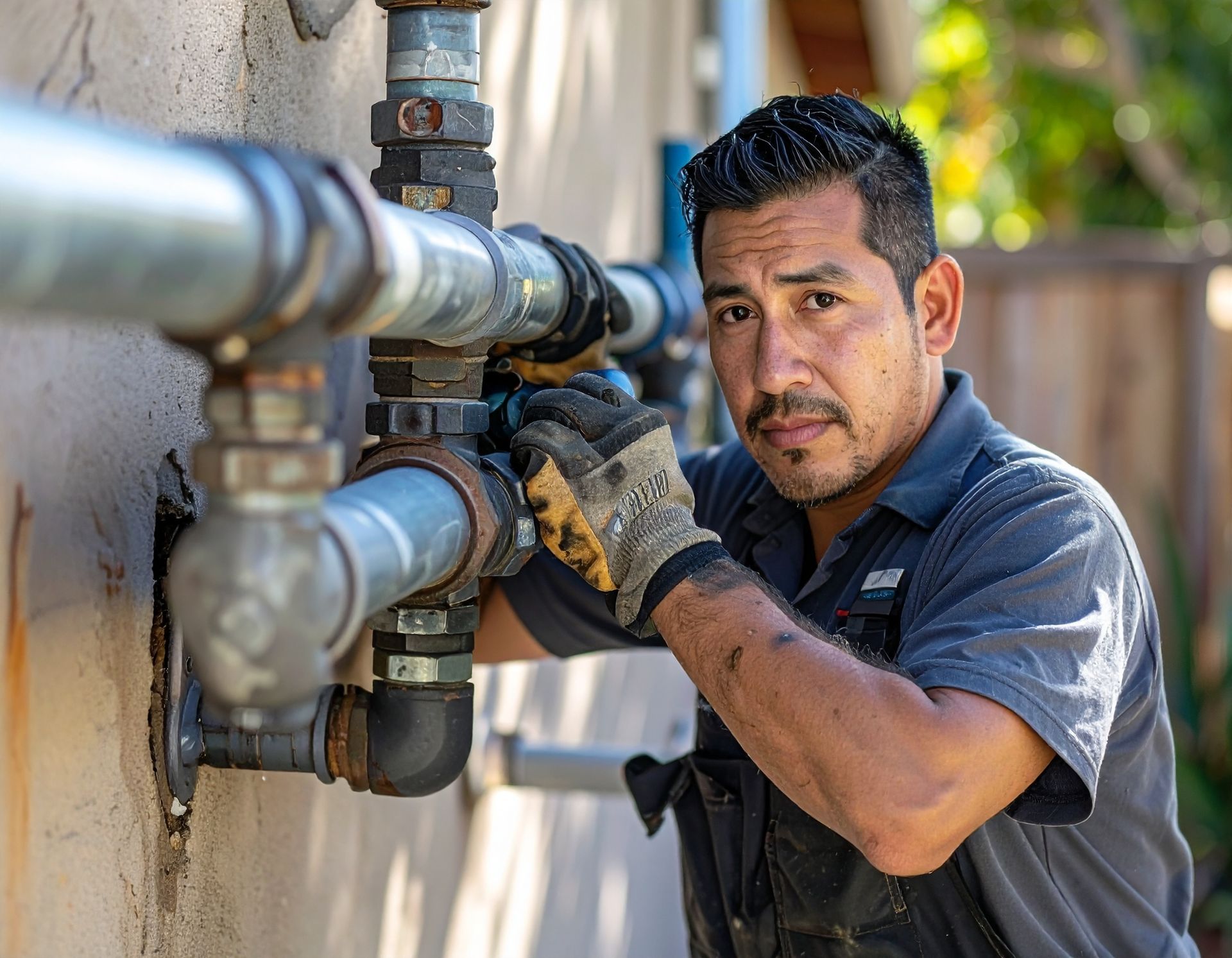 Technician in gloves inspecting outdoor plumbing pipes against a wall