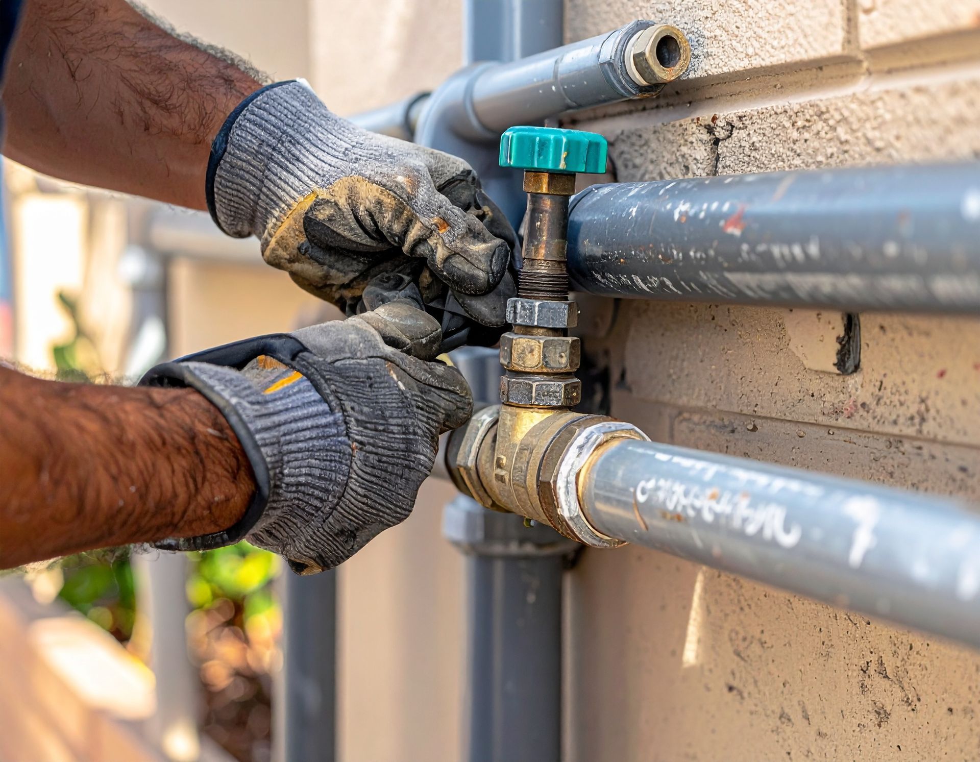 Gloved hands tightening a valve on outdoor gray PVC pipes