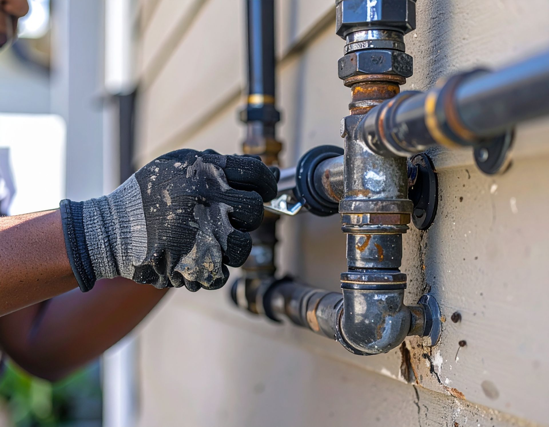 Gloved hand tightening a wrench on outdoor water pipes mounted to a wall