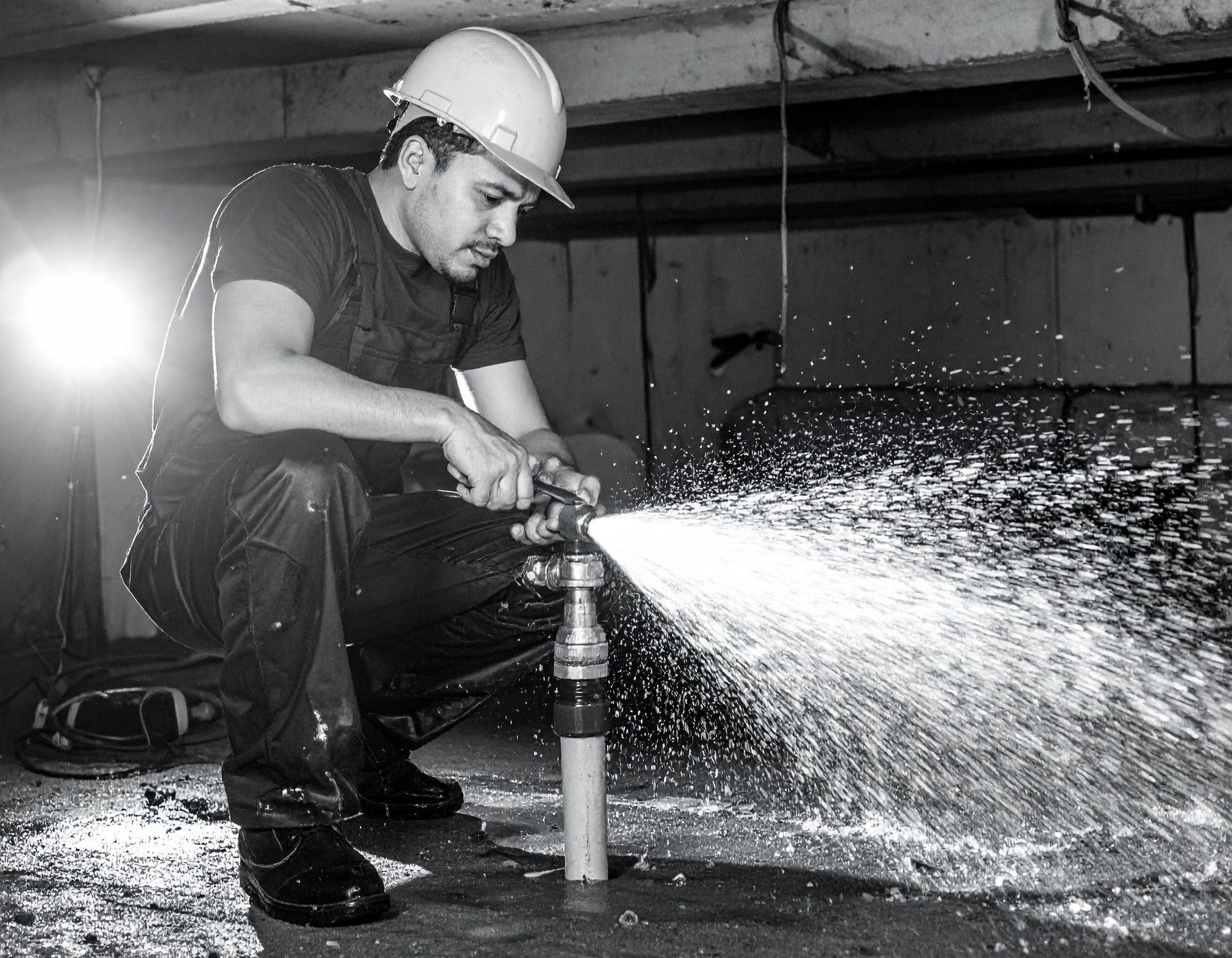 Worker in hard hat using a power tool, spraying sparks in an industrial workspace.