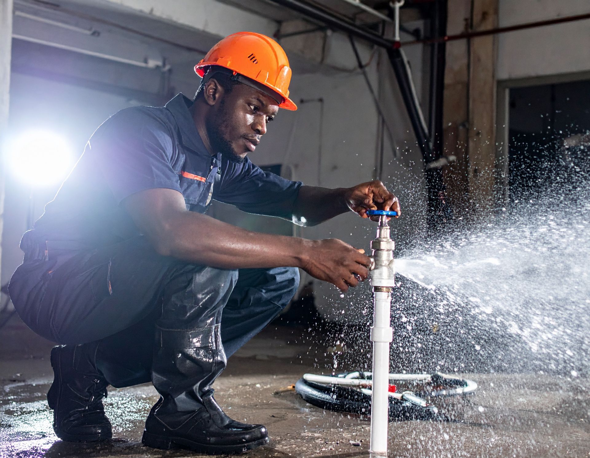 Worker in orange hard hat fixing a leaking pipe with a wrench, water spraying in a workshop