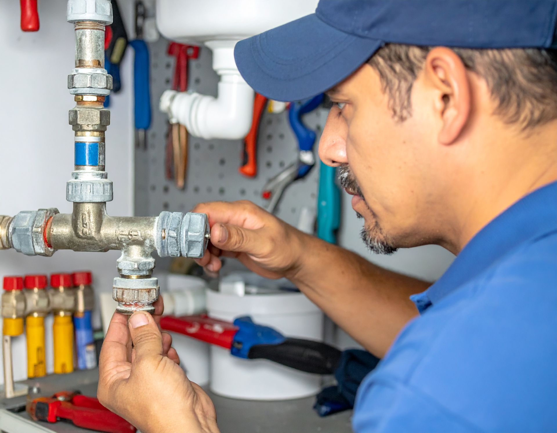 Technician in blue uniform repairing a metal pipe valve in a workshop.