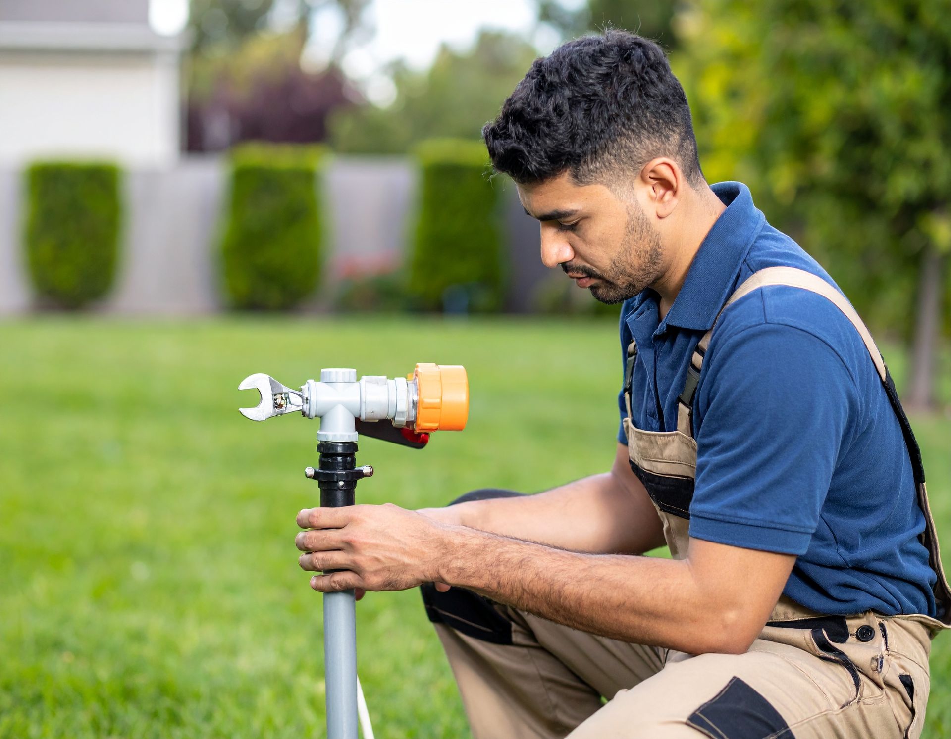 Technician adjusting a sprinkler valve on a lawn outdoors