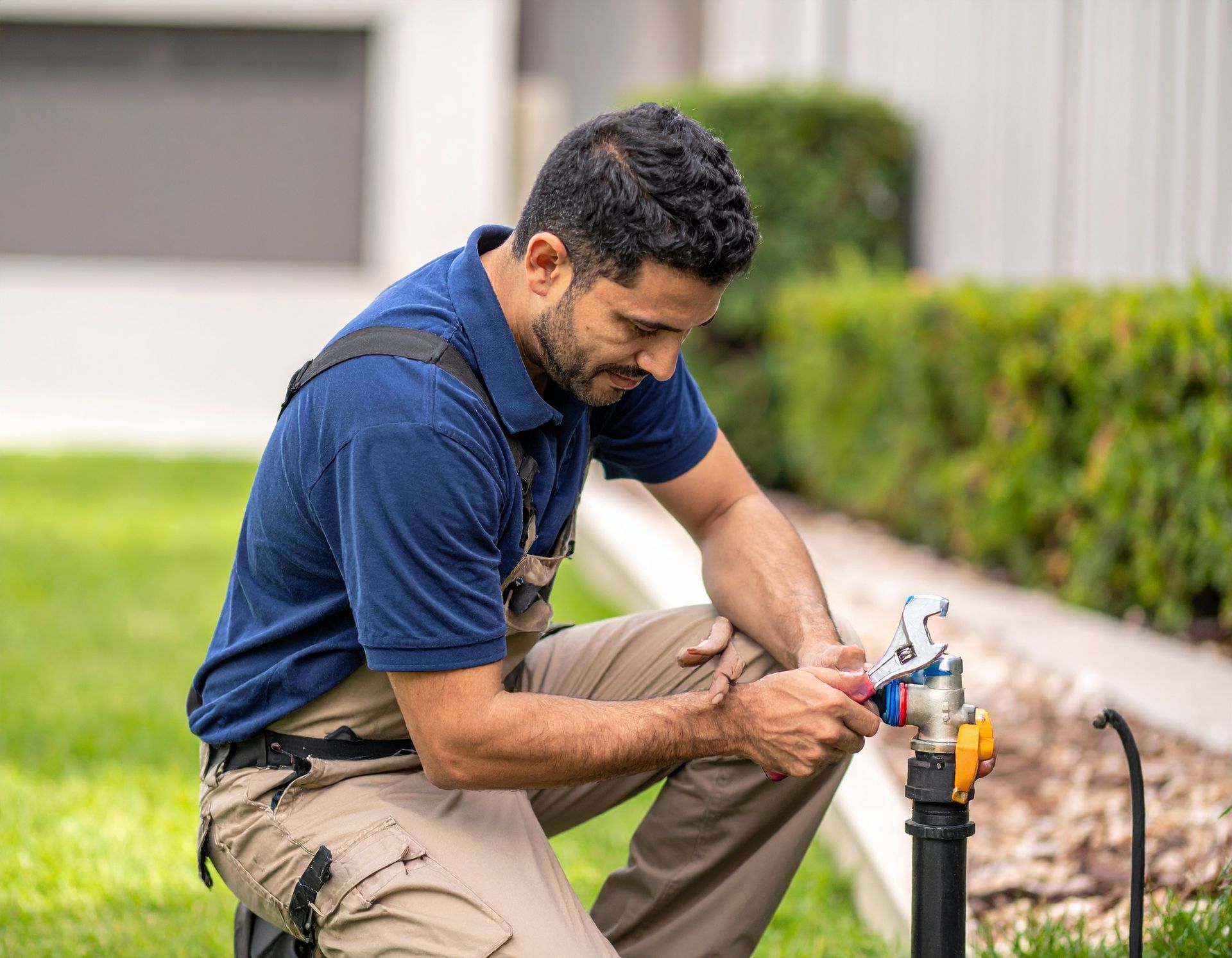 Man kneeling outdoors, adjusting a sprinkler head near a lawn and hedge