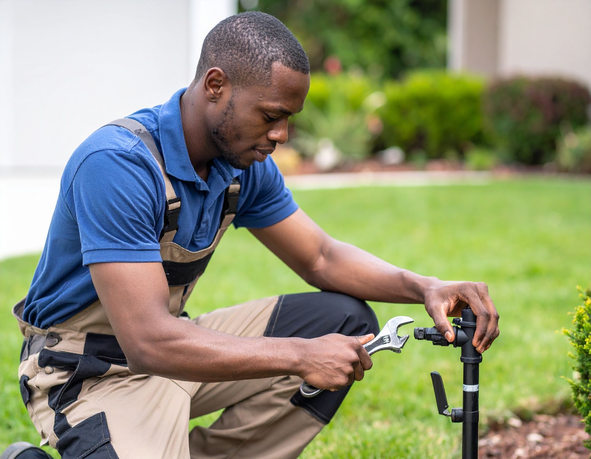 Man kneels outdoors and adjusts a sprinkler head beside a green lawn.