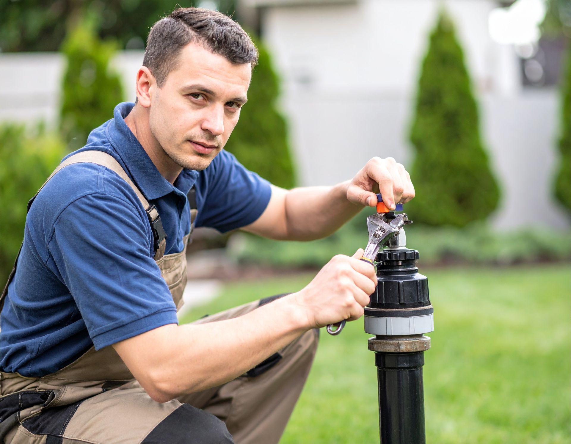 Man kneeling beside a sprinkler system, adjusting a black irrigation valve on a lawn
