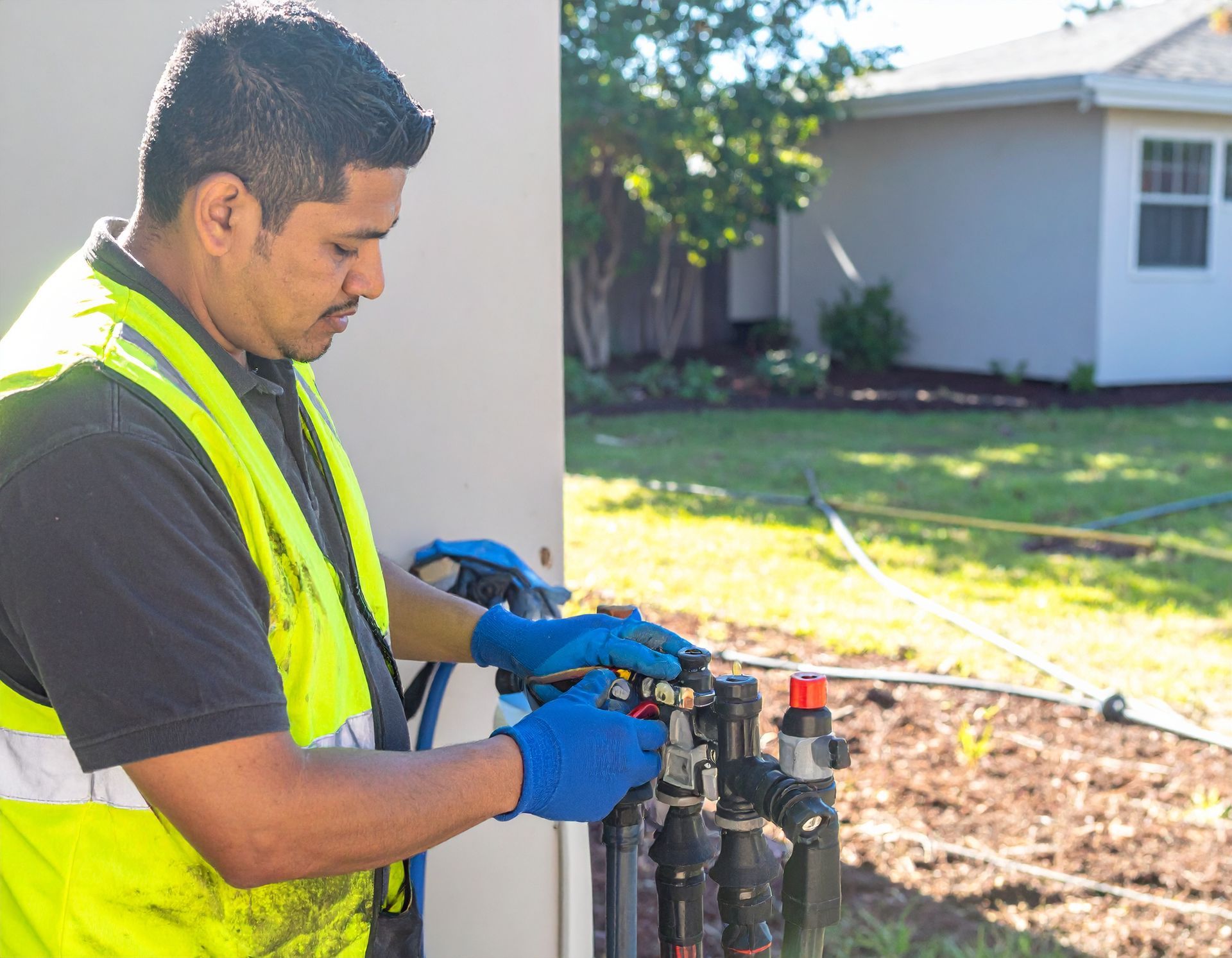 Technician in a neon safety vest adjusts sprinkler valves in a sunny yard.