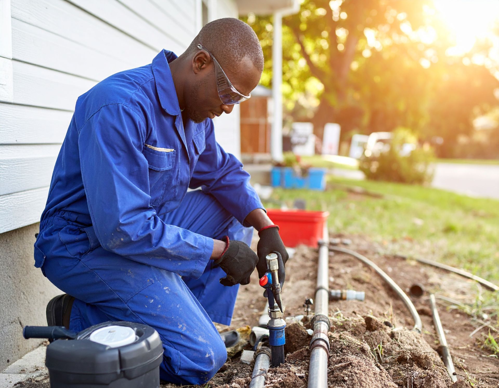 Worker in blue coveralls kneeling to repair a pipe beside a house in a sunny yard