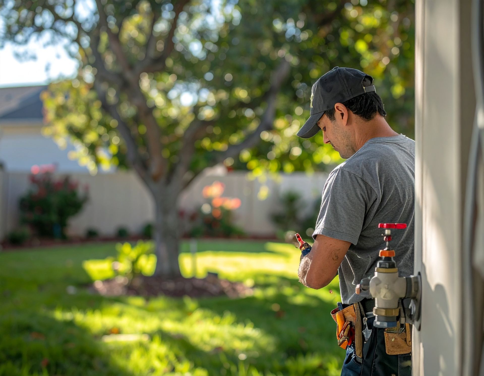 Technician in gray shirt and cap working outdoors beside a house, with lawn and trees in the background