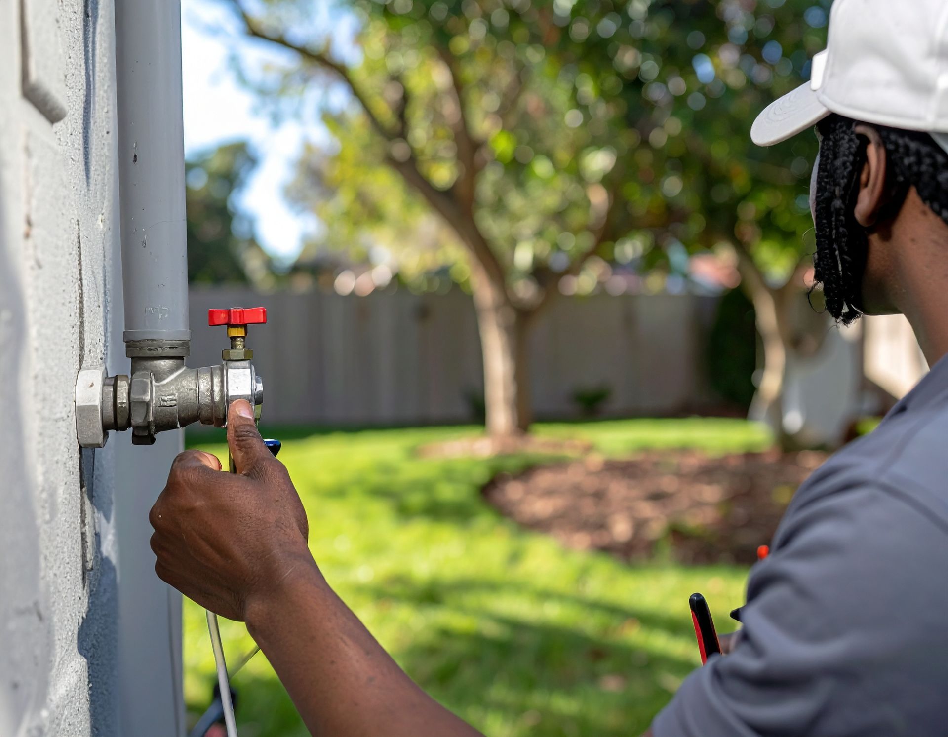Technician adjusting a valve on an outdoor pipe beside a house wall