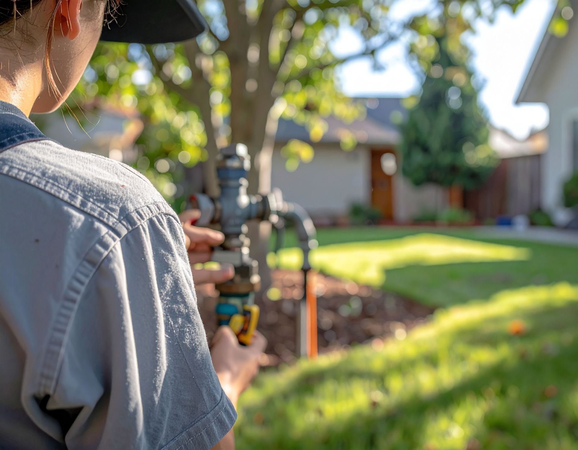 Person adjusting a sprinkler in a sunny suburban yard with green grass and houses in the background