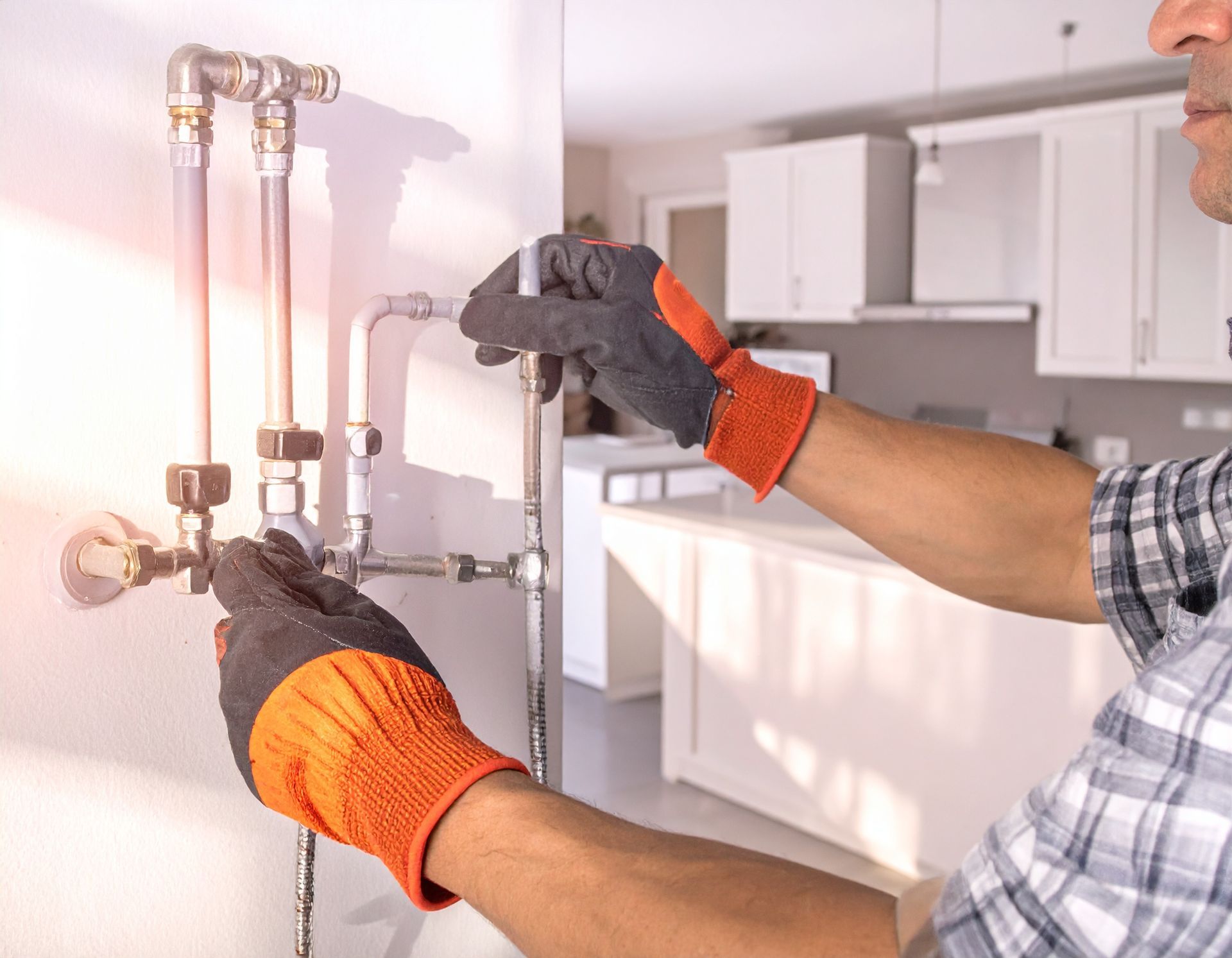 Gloved hands installing copper pipes in a bright kitchen utility area