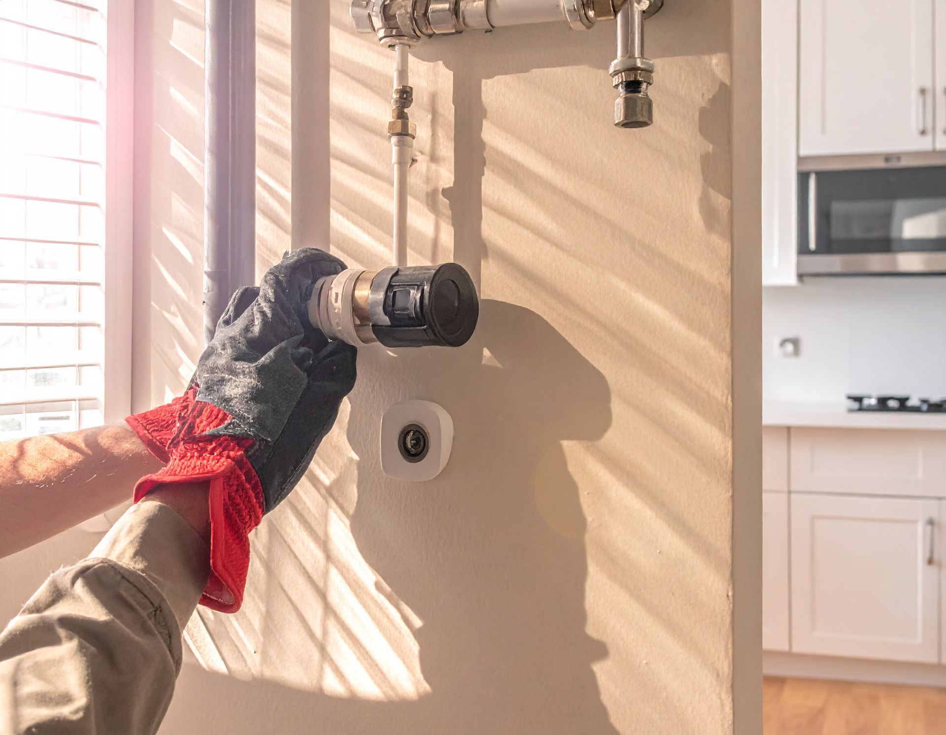 Person wearing gloves works on a pipe connection beside a tan water heater in a bright kitchen area