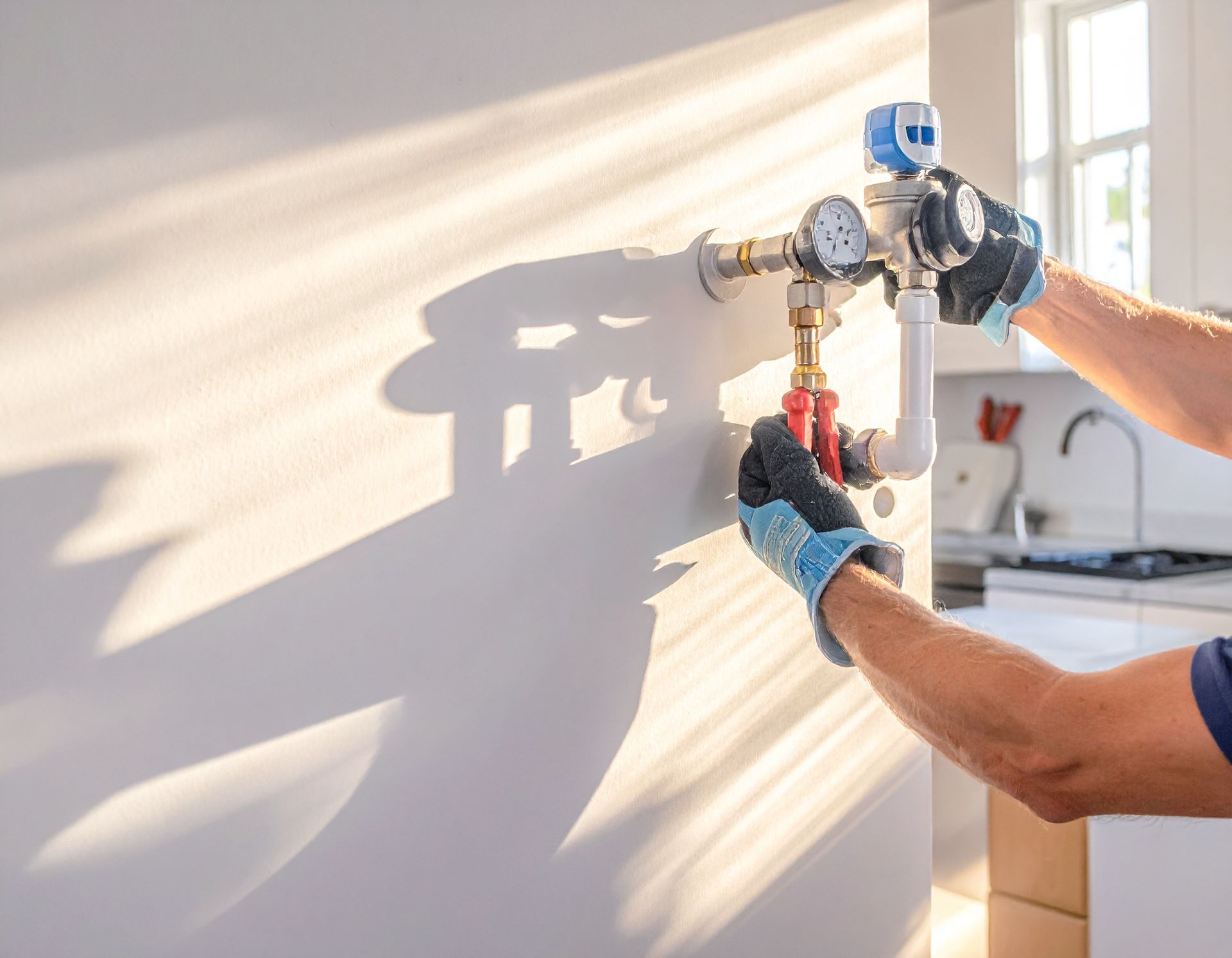 Worker using a spray gun to paint a white wall in bright sunlight
