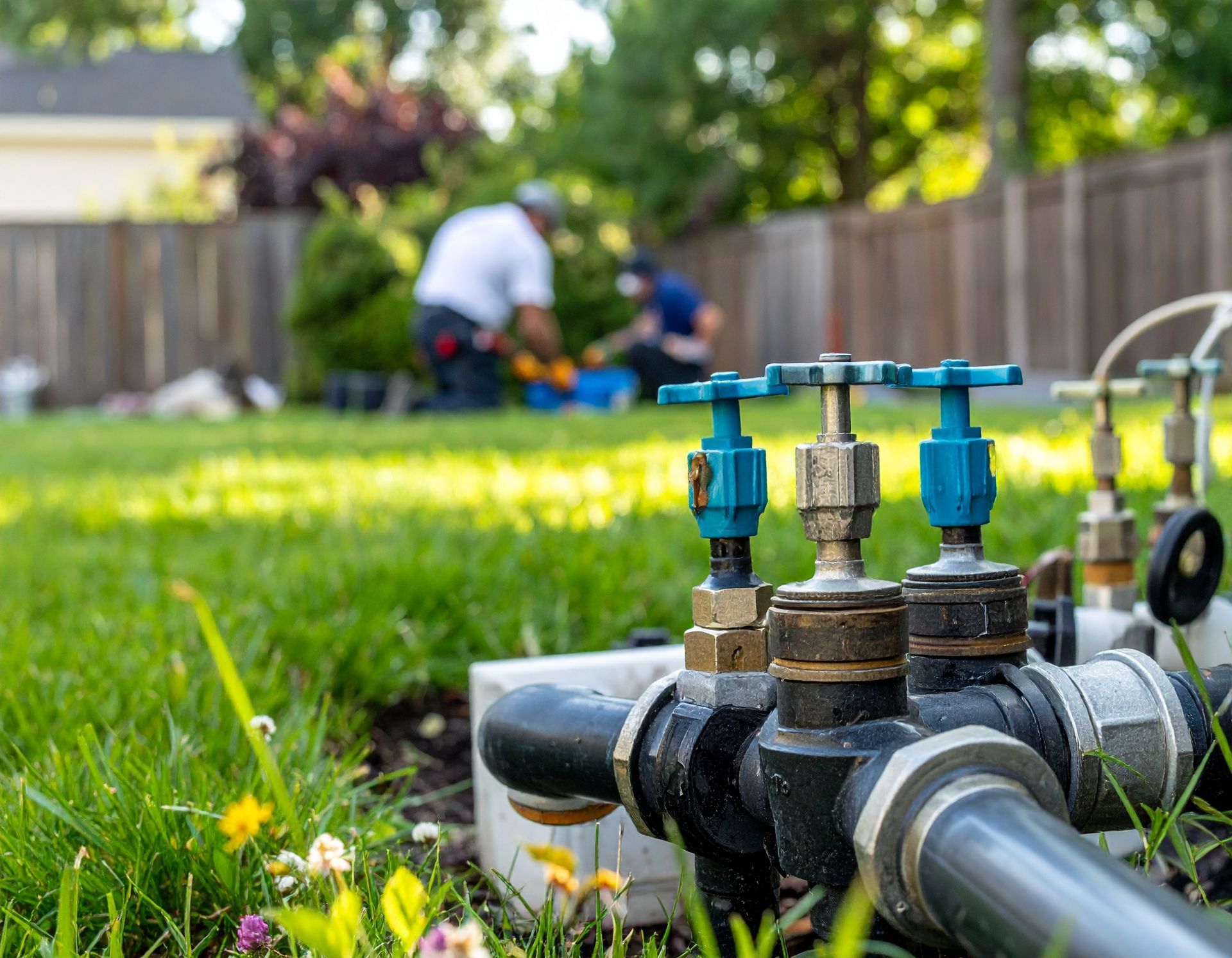 Sprinkler system valves in a green lawn with gardeners working in the blurred background