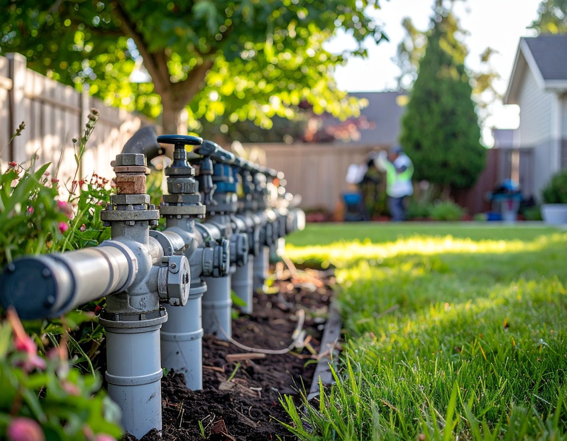 Row of gray irrigation pipes and valves along a garden bed beside a green lawn