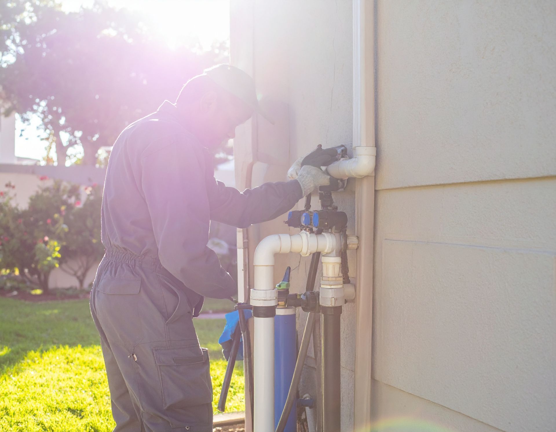Worker inspecting pipes on the side of a house in bright sunlight