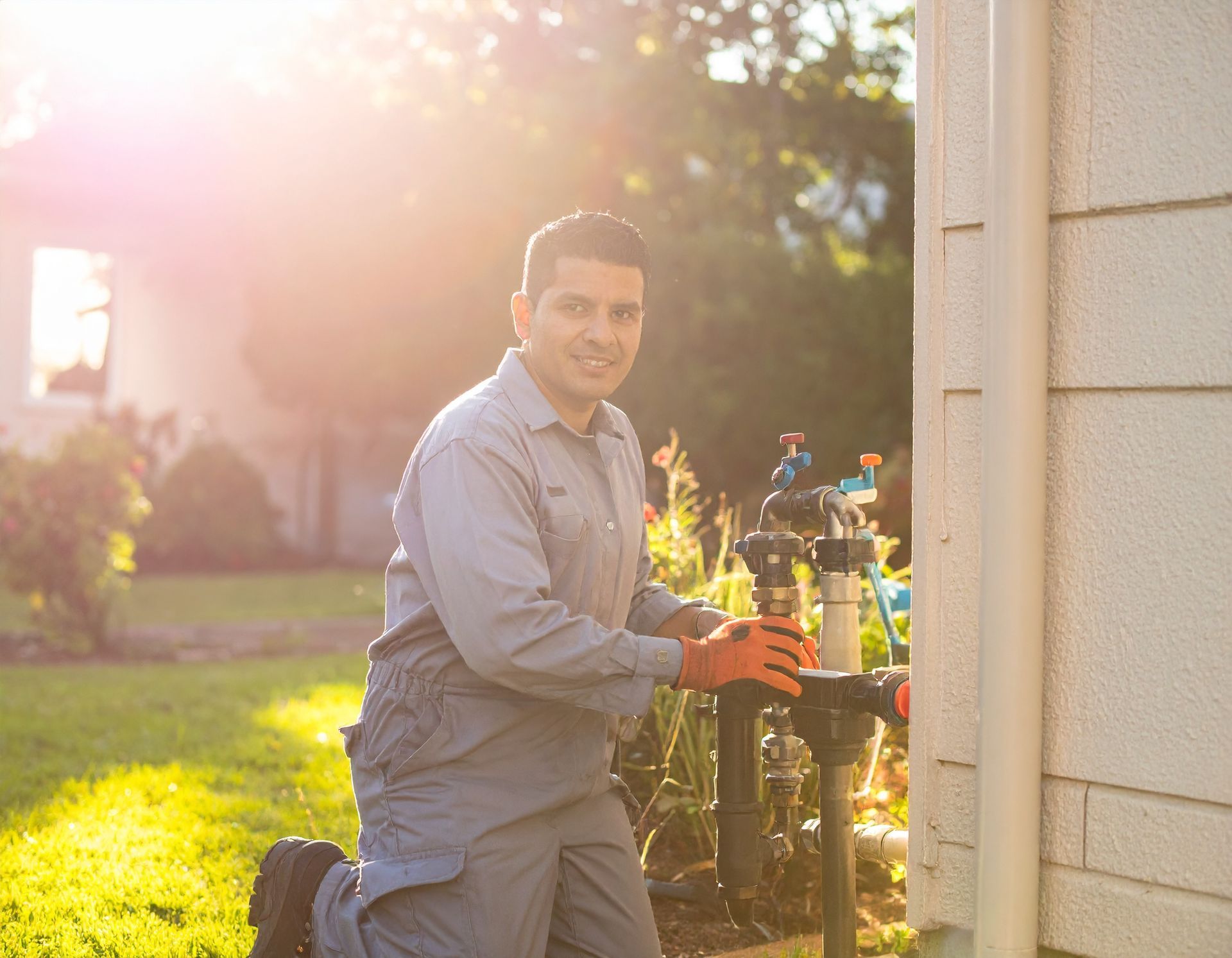 Person kneels beside a hose and garden equipment in a sunlit yard, smiling toward the camera.