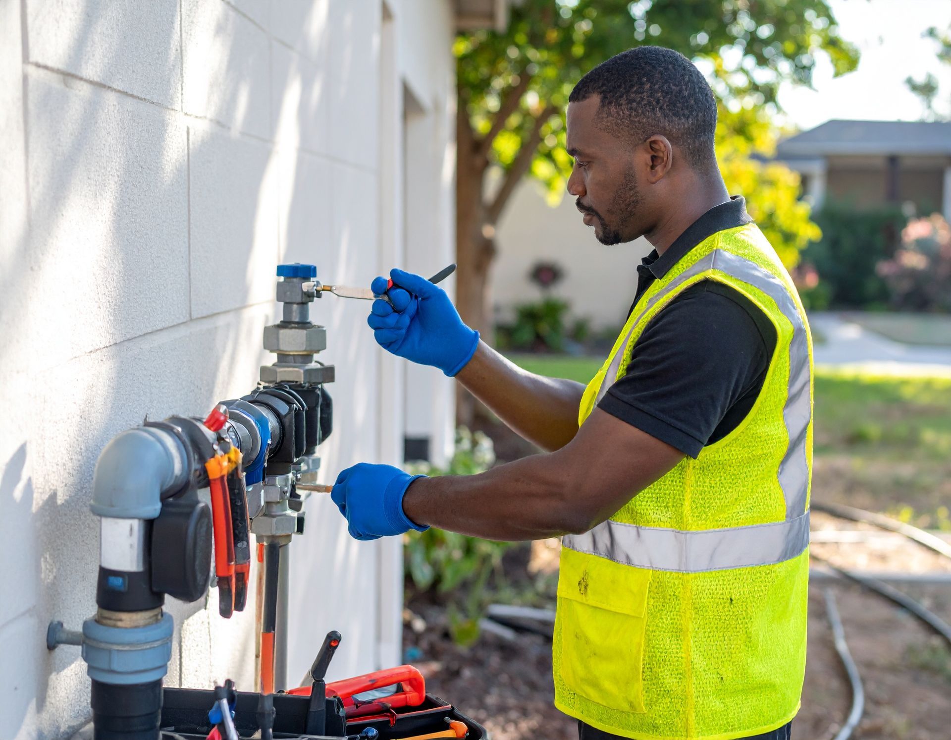 Technician in yellow vest adjusting outdoor water pipes and valves beside a house.