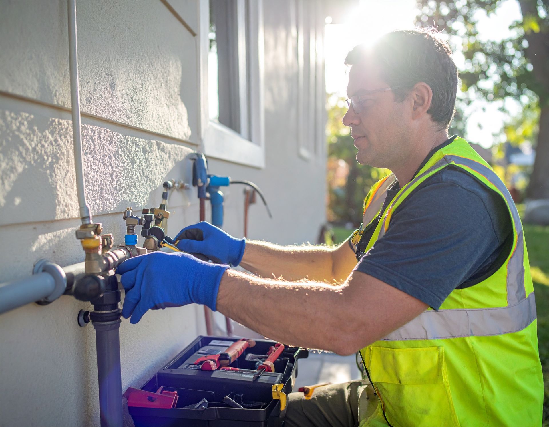 Utility worker in neon vest and gloves adjusting outdoor gas meter beside a house