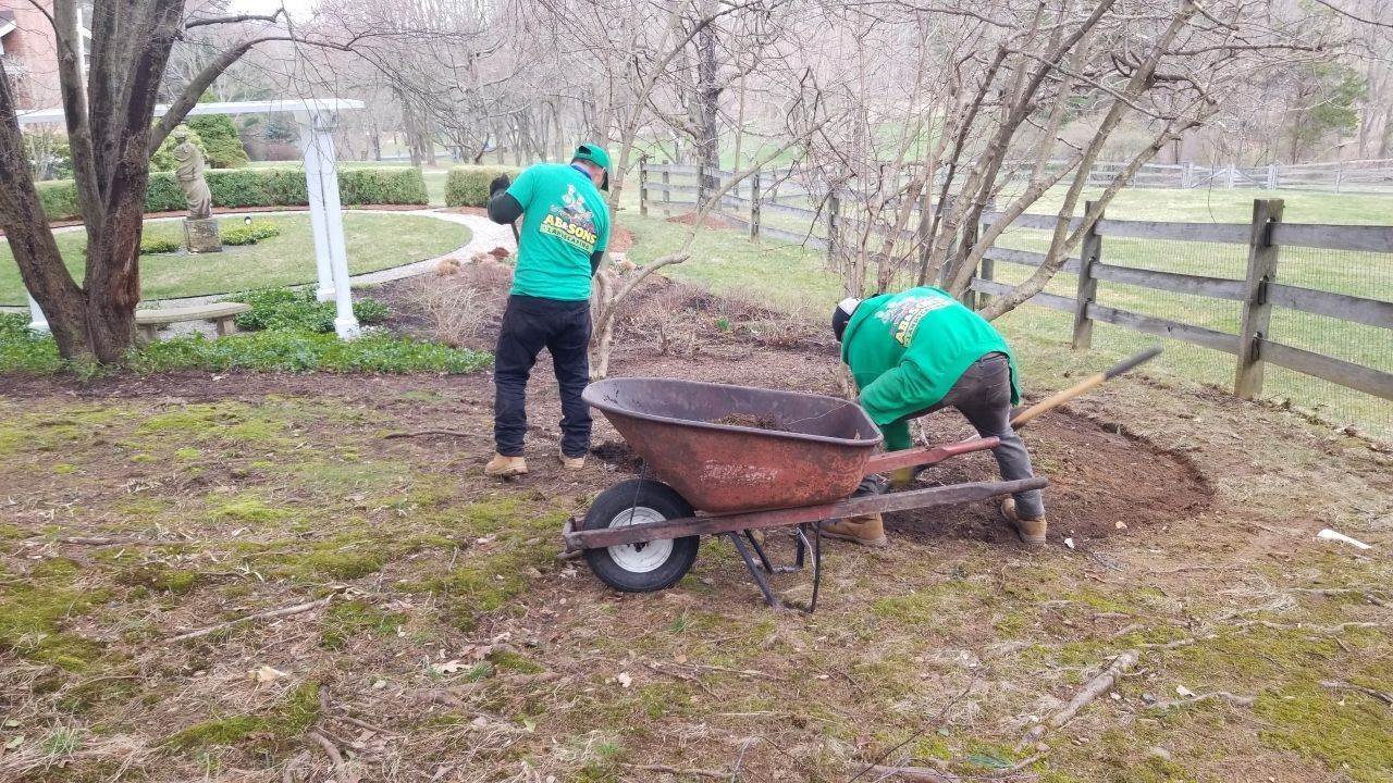 Two men are working in a yard with a wheelbarrow.