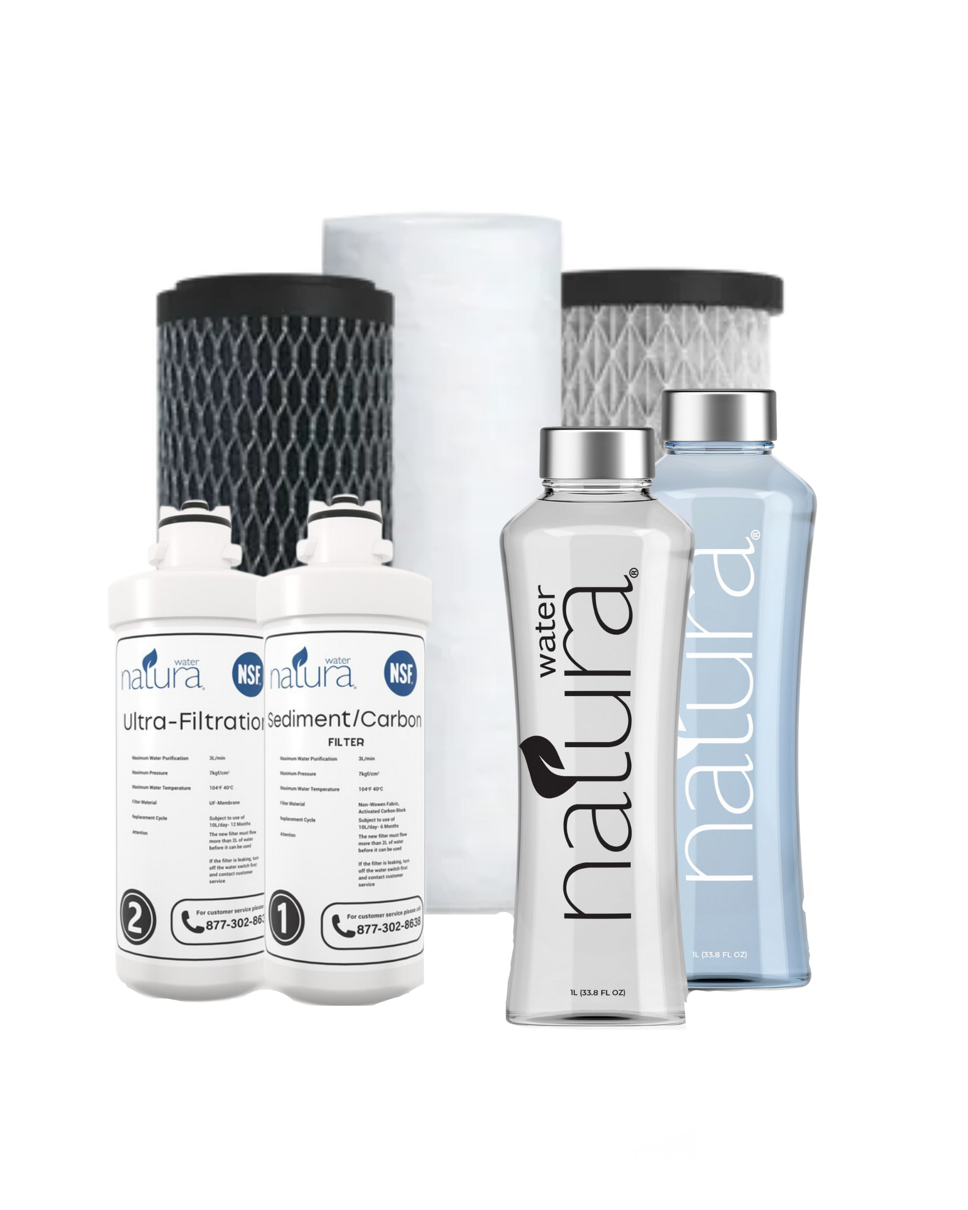 Water filter cartridges and a water bottle from the Natura brand.