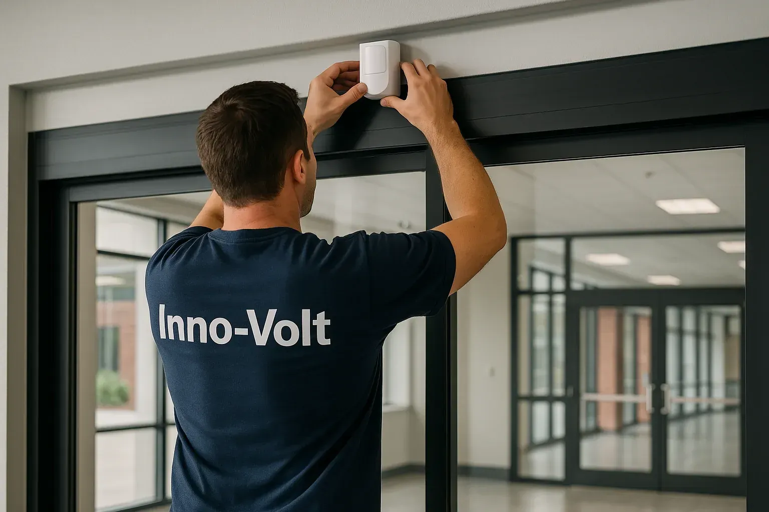 Un homme portant un tshirt inno-volt installe un système de sécurité et d'alarme