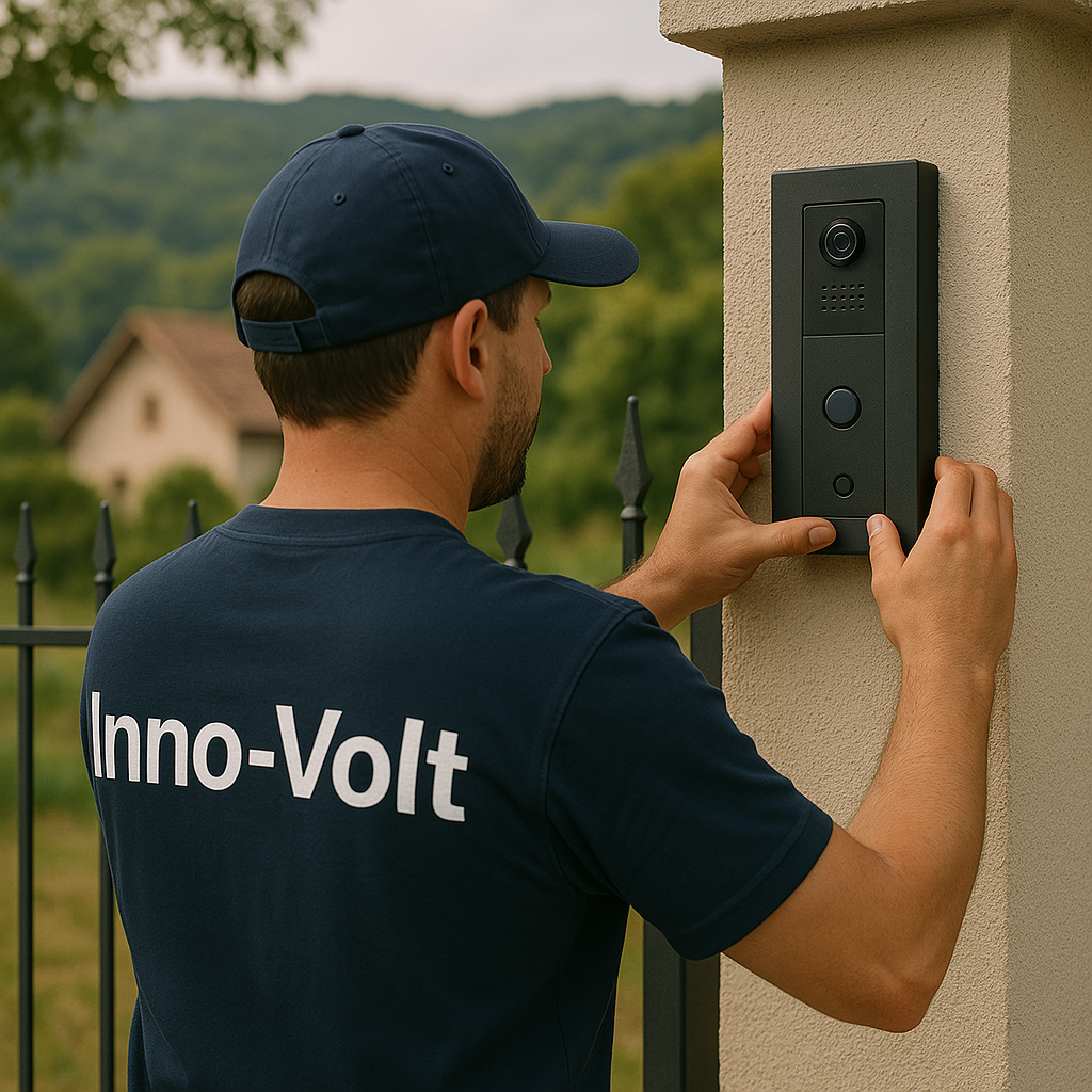Un homme portant un tshirt bleu sur lequel est écrit inno-volt qui fait le remplacement d'un interphone