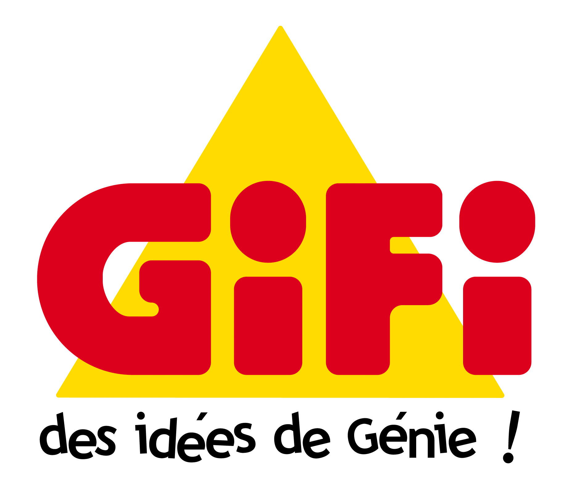 Le logo du détaillant français GiFi, composé du texte rouge « GiFi » sur un triangle jaune, avec le slogan en dessous.