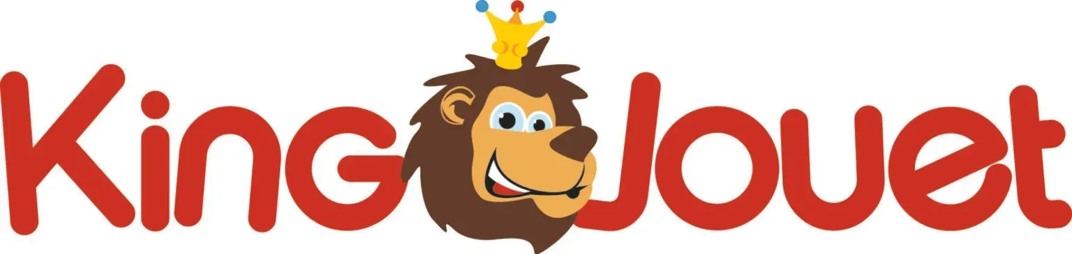 Le logo de King Jouet présente un texte rouge avec un lion de dessin animé portant une petite couronne colorée 