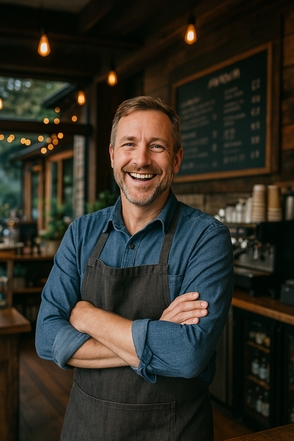Image of a happy service business owner in his shop