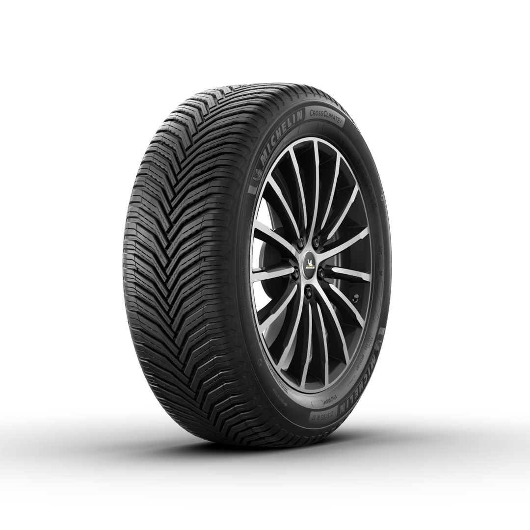 A Michelin CrossClimate 2 all-season tire mounted on a black, multi-spoke alloy rim against a white background. | Military Brake & Alignment Services Inc.