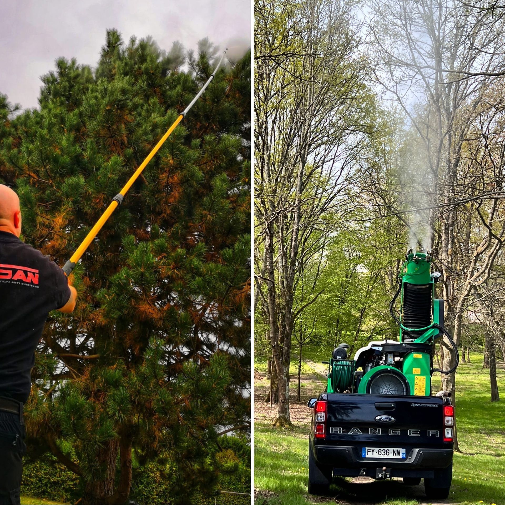 Un homme pulvérise du spray sur un arbre à côté d'un camion sur lequel est écrit 