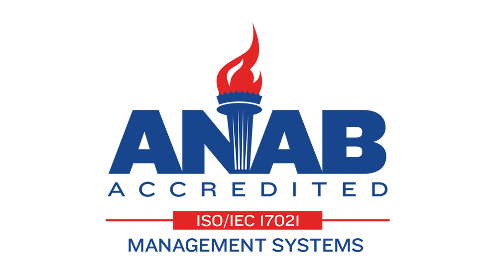 ANAB logo with a torch, blue lettering, and "Accredited ISO/IEC 17021 Management Systems."
