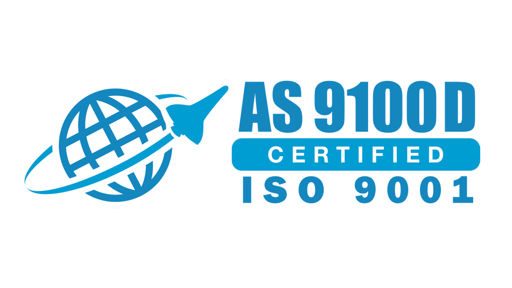 AS9100D Certified logo with globe and airplane icon, blue color. ISO 9001.