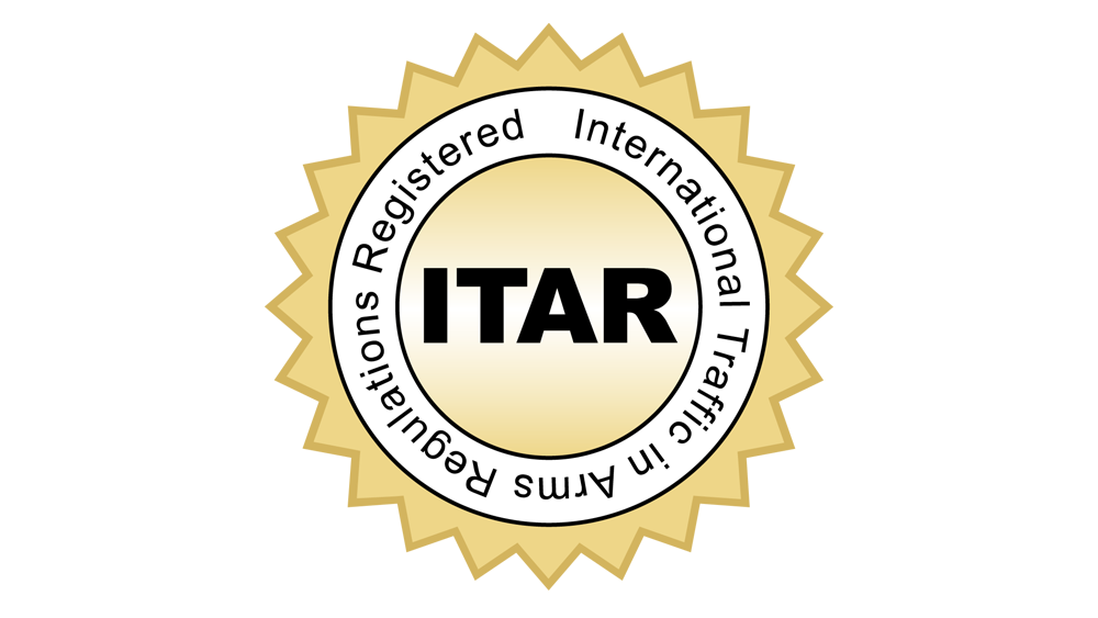ITAR registered logo: a gold seal with text "ITAR" and "International Traffic in Arms Regulations."