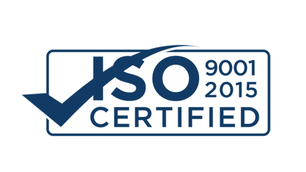 ISO 9001:2015 Certified logo with checkmark, inside a blue and white rectangle.