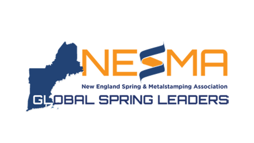 Logo for New England Spring & Metalstamping Association: blue New England outline, orange text "NESMA", blue and orange graphic, "GLOBAL SPRING LEADERS".