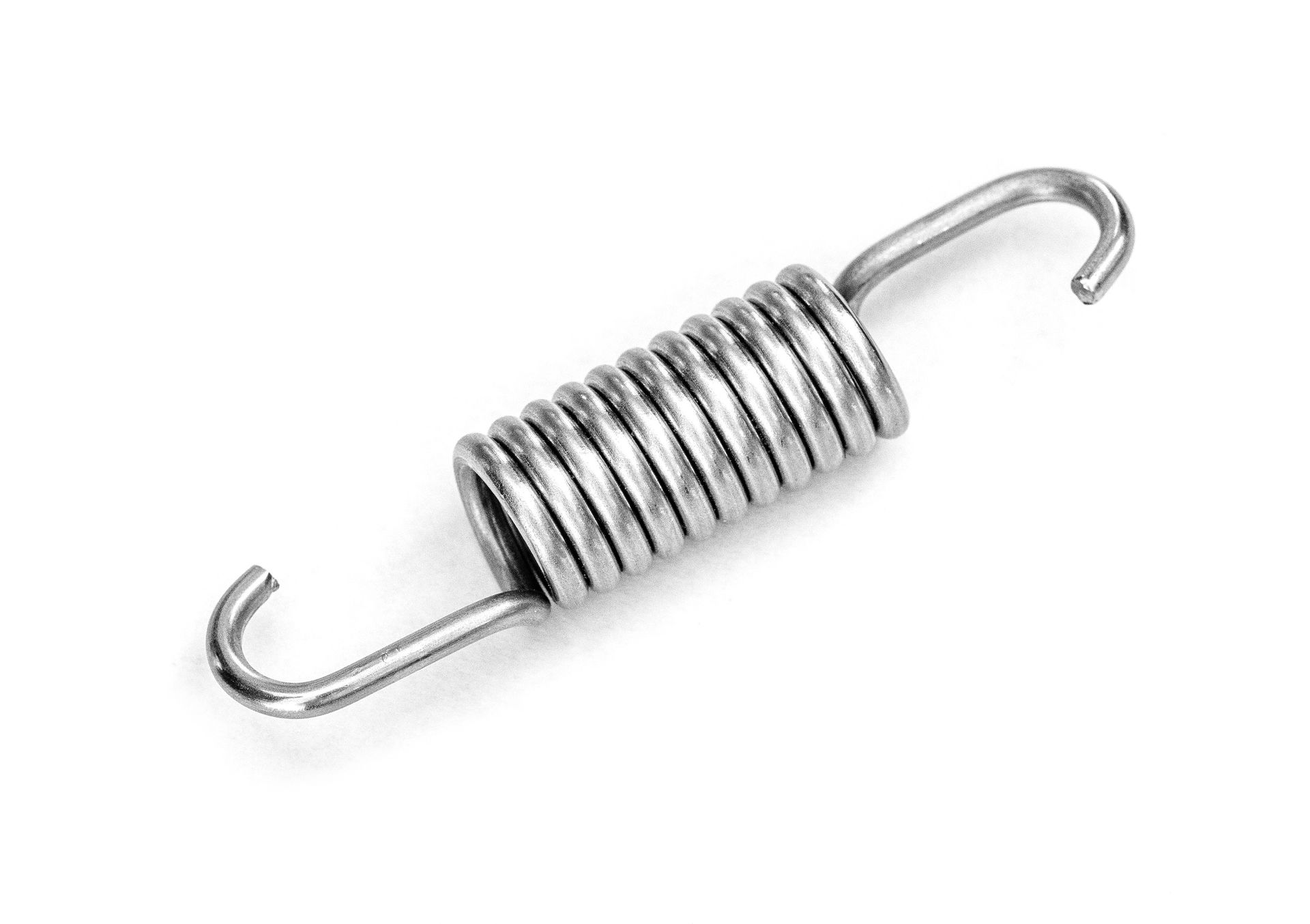 Metal coil spring with hooked ends.