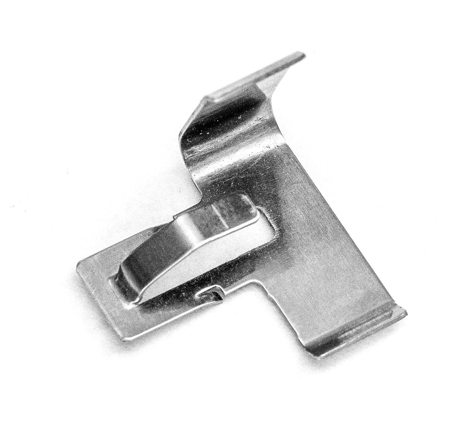 Metal clip with a bent, angled design.